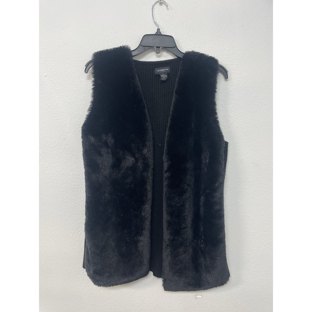 Liz Claiborne Womens Lg Long Open Front‎  Faux Fur/Knit Black Vest PLUSH Classy